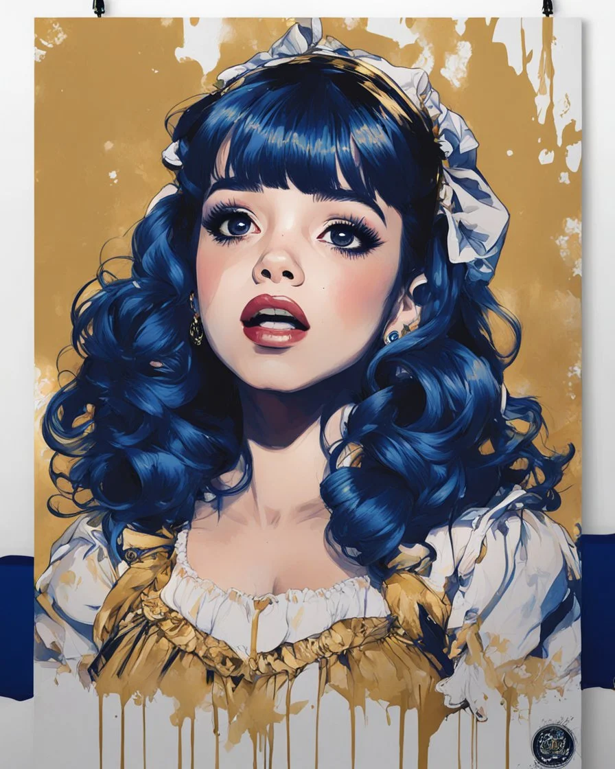 Poster in two gradually, a Singer Melanie Martinez face, painting by Yoji Shinkawa, darkblue and gold tones,