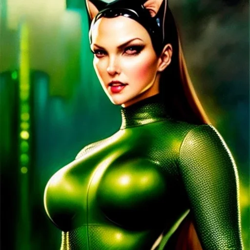 fullbody portrait 'beautiful Sexy Busty CatWoman',wearing skintight transparent suit,crystal clear green eyes,painting by gaston bussiere, greg rutkowski, yoji shinkawa, yoshitaka amano, tsutomu nihei, donato giancola, tim hildebrandt, oil on canvas, cinematic composition, extreme detail,fit full head inside picture,32k