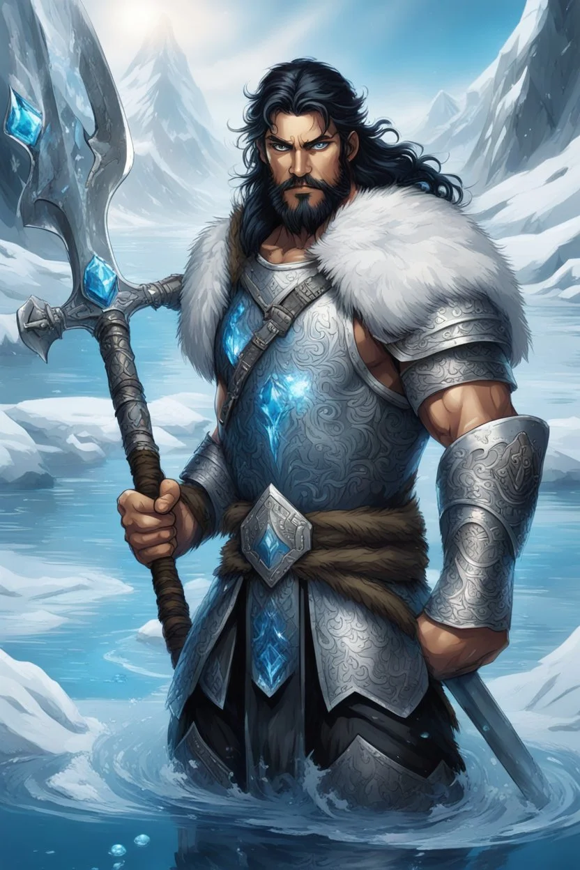 1 mana warrior, with blue eyes and black hair man in silver Viking armor with fur around the neck with blue crystal on his chest , standing in water in the artic, holding a ice axe, warrior in anime style,