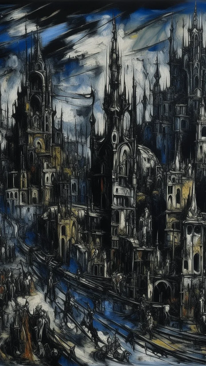 A dark bluish black punklike city in a nightmare realm painted by Jackson Pollock