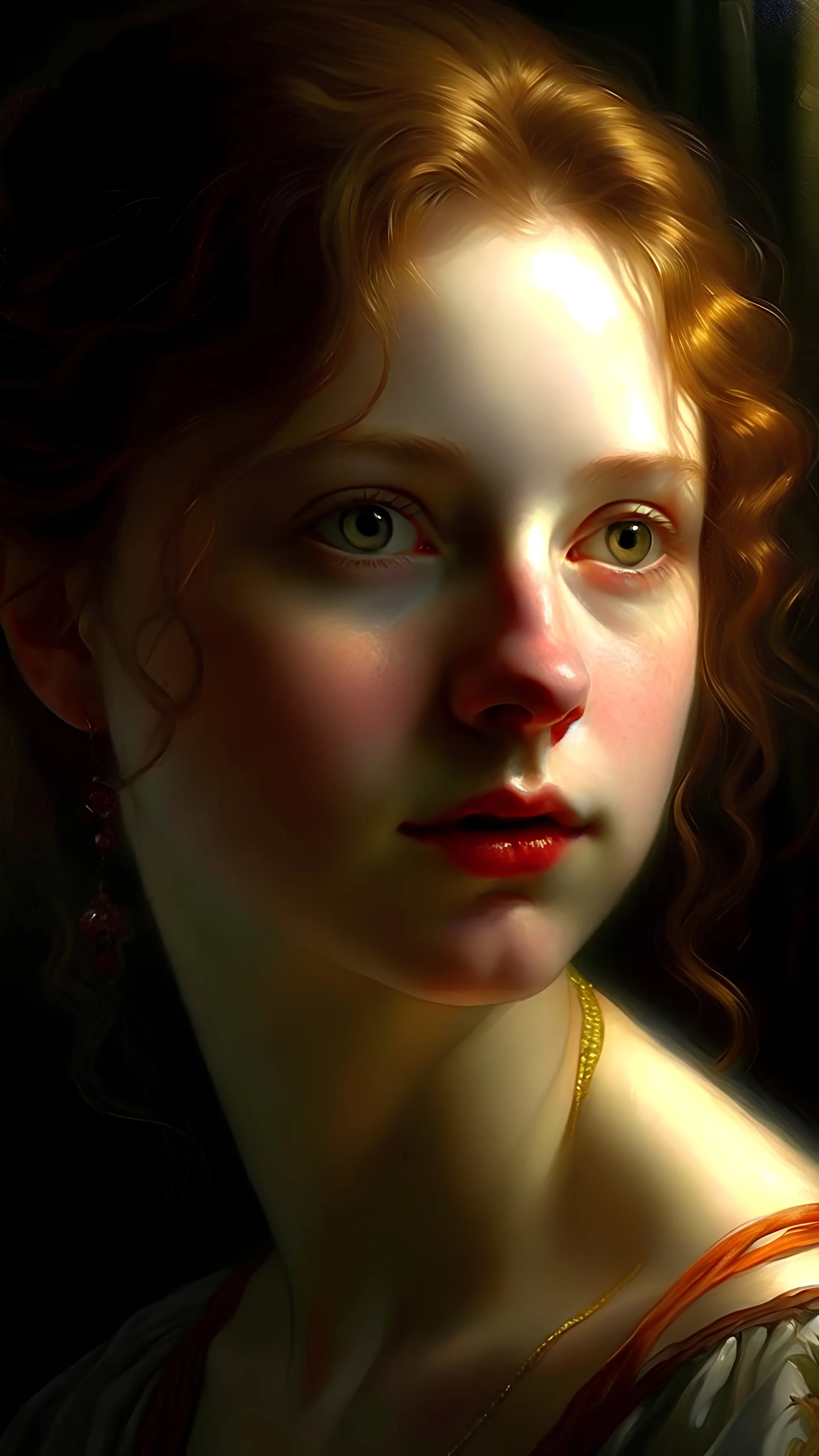 (masterpiece, best quality, highres:1.2), (photorealistic:1.2), (intricate and beautiful:1.4), (art by Renoir:1.3), (detailed light on face:1.2), (soft lighting, side lighting, reflected light), view from legs, (dynamic angle), (close up shot), detailed eyes, (detailed cute face), red lips, open mouth, (focus on eyes:1.2), light passing through hair, (blurry background:1.3),(official art), (perfect skin), (sharp:1.5), woman feet apart