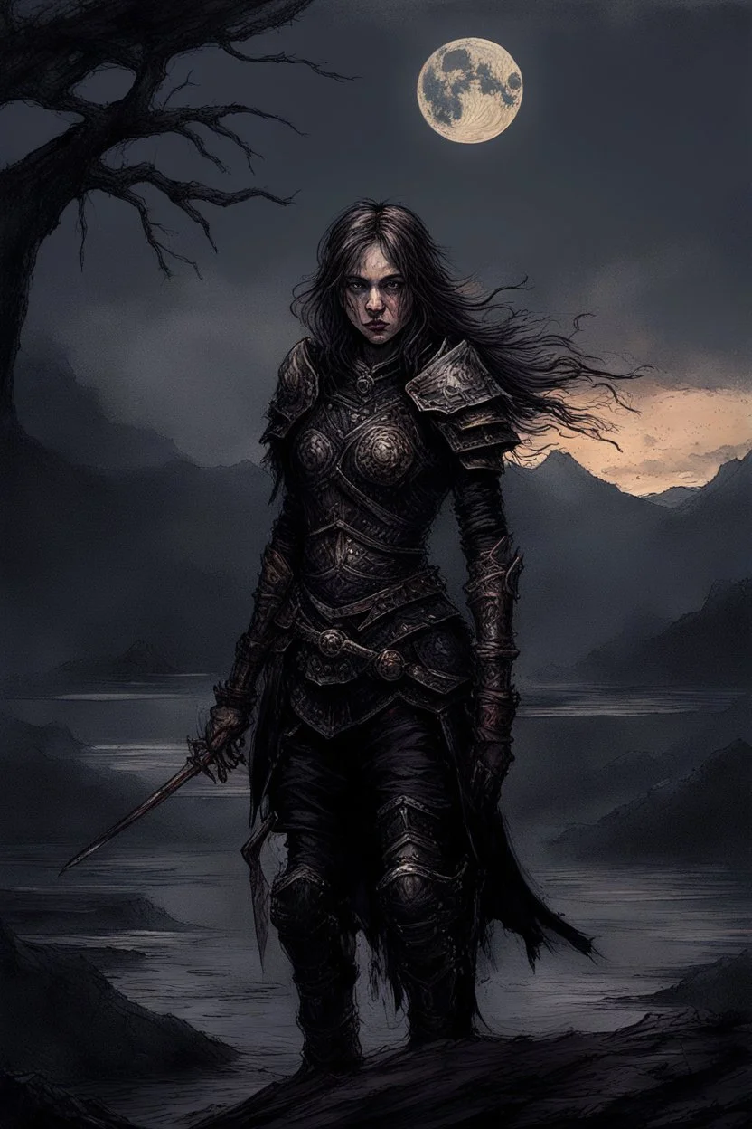 A formidable warrior girl in black armor, against the background of an amazing gloomy landscape, flooded with the light of two moons, mountains, trees, a fabulous scary landscape, juicy emotions, painting, dark fantasy, gloomy day, dark world, portrait, Gothic Town At Night, Fantasy, Intricate Details, Castle Courtyard Gardens, Hyper Detailed, Jean Baptiste Monge, Carne Griffiths, Michael Garmash, Seb Mckinnon, Masterpiece