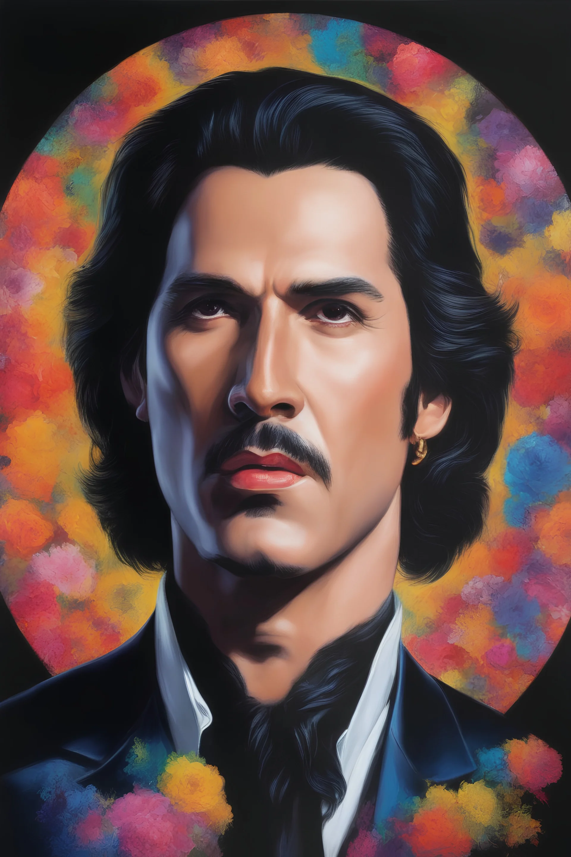 Count Dracula's face inside a small gold circle, Paul Stanley/Elvis Presley/Keanu Reeves, multicolored, large, Floral/rainbow designs, atmospheric, beautiful, bright, vibrant colors, pitch-black background, oil painting by Boris Vallejo, 4k UHD, Photorealistic, professional quality