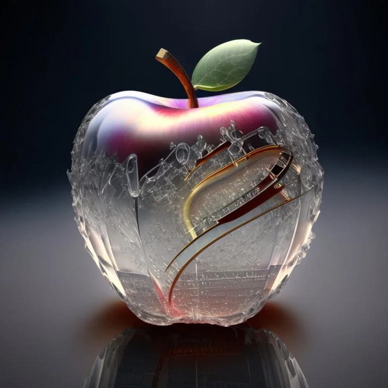 high quality, 8K Ultra HD, Musical notes and musical instrument shapes inside an apple made of crystal, by yukisakura, high detailed,