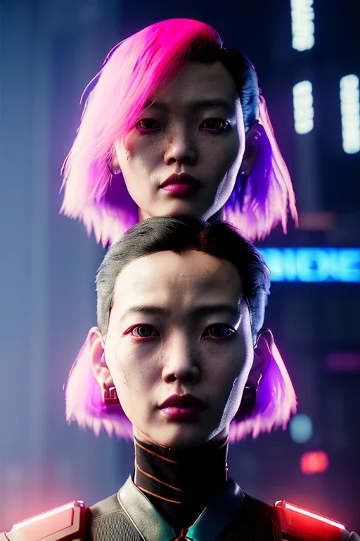 Cyberpunk portrait, Asian woman:: symmetry photography, cyberpunk, pink hair, face make-up, black line eye, light iris eye, :: kenzo fashion style, coat :: cinematic, Ultra realistic, dark scene, soft color, highly detailed, unreal engine 5, RTX, ultra detail, 3d, finely drawn, high definition.