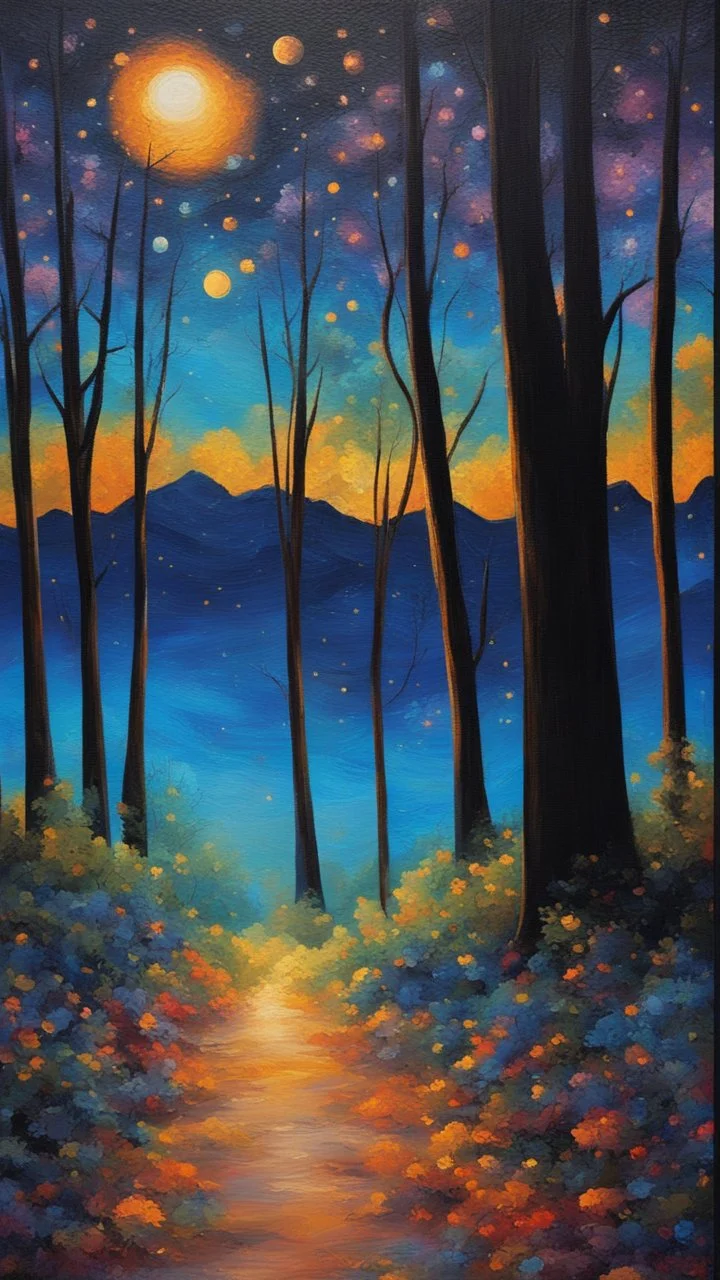 Painting of the night sky with stars and trees, colorful night sky, starry night painting, magical forest background, night background, vibrant painting, atmospheric dream painting, night sky background, colorful painting, colorful stars, Beautiful paint art, dream landscape art, beautiful painting, oil painting, oil painting on canvas, impressionist