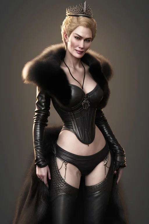 Cersei Lannister as evil queen in black leather and fur, busty, cleavage, curvy, lena headay, angry, stern look. character design by cory loftis, fenghua zhong, ryohei hase, ismail inceoglu and ruan jia. unreal engine 5, artistic lighting, highly detailed, photorealistic, fantasy