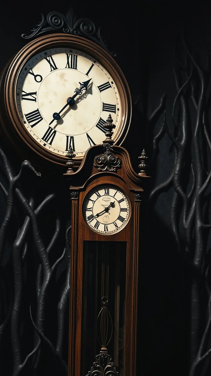 An old clock in the background of black vein, human veins, mixing together a lot of them, like a forest, big and small veins a lot of them, an antique grandfather wooden old clock in the background of a shadow of hooded black