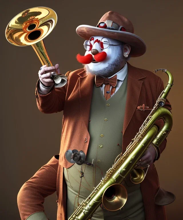 mechanoid old friendly fat clown with trimmed beard playing jazz with a steampunk theme, trumpet, realistic