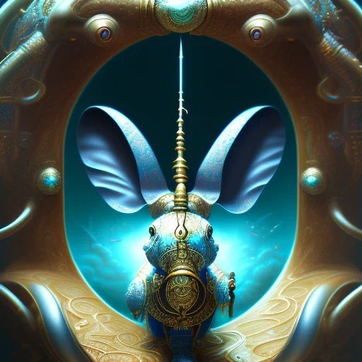 fantasy magic, sharp focus, illustration, highly detailed, digital painting, concept art, matte, art germ and Paul Lewin and Kehinde Wiley, masterpiece silver elephant rabbit head bronze turquoise golden waves