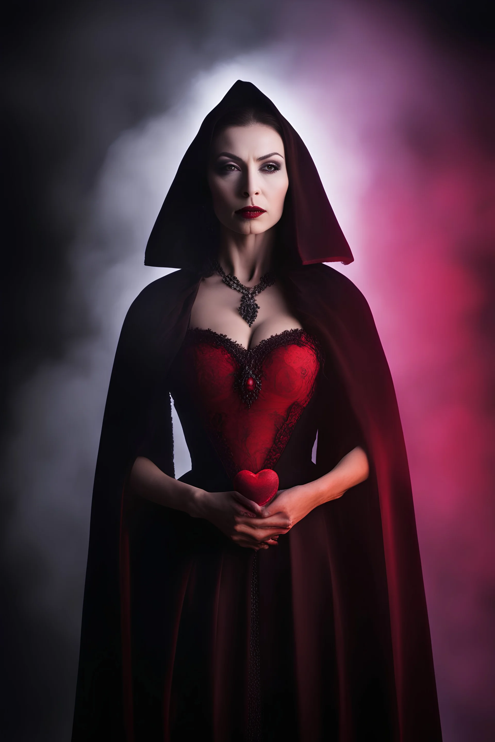 an extremely stacked Annabella Lugosi as Countess Dracula - gradated Background, professional quality studio 8x10 UHD Digital photograph by Scott Kendall - multicolored spotlight, Photorealistic, realistic stock photo, Professional quality Photograph. colored Fog - Multicolored lightning, 3D heart