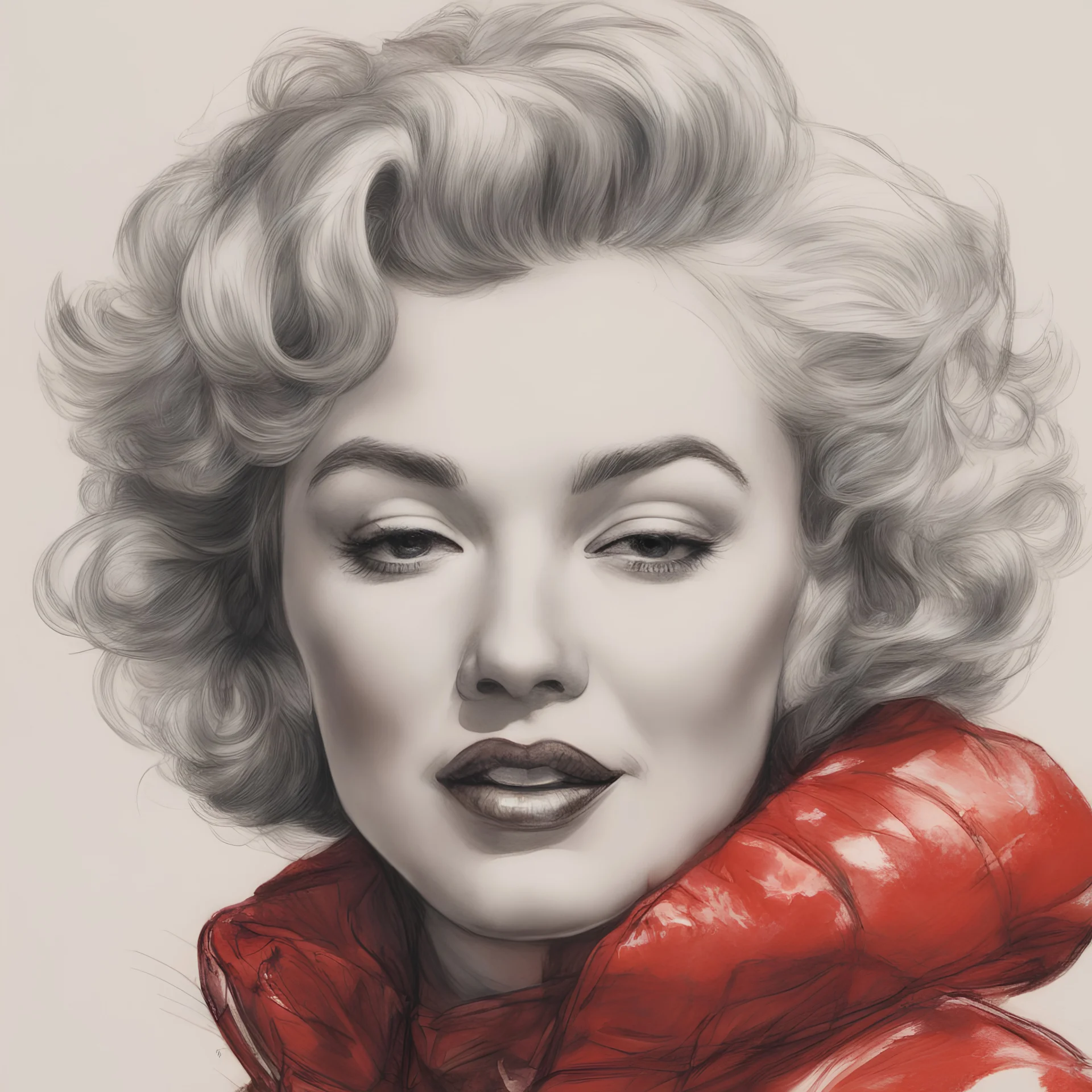 Sketch of the face of marilyn monroe , wearing a real red plastic puffy jacket