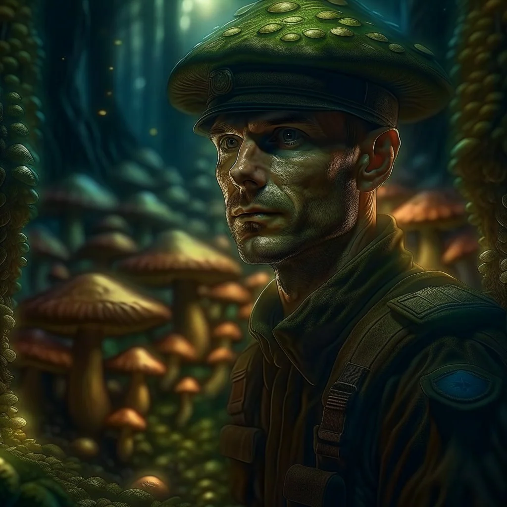 portrait of macho army officer inside glowing mushroom grove, 4k, down-light, soft light, depth of field, photo realism, trending on art station, high detail, sparypaint