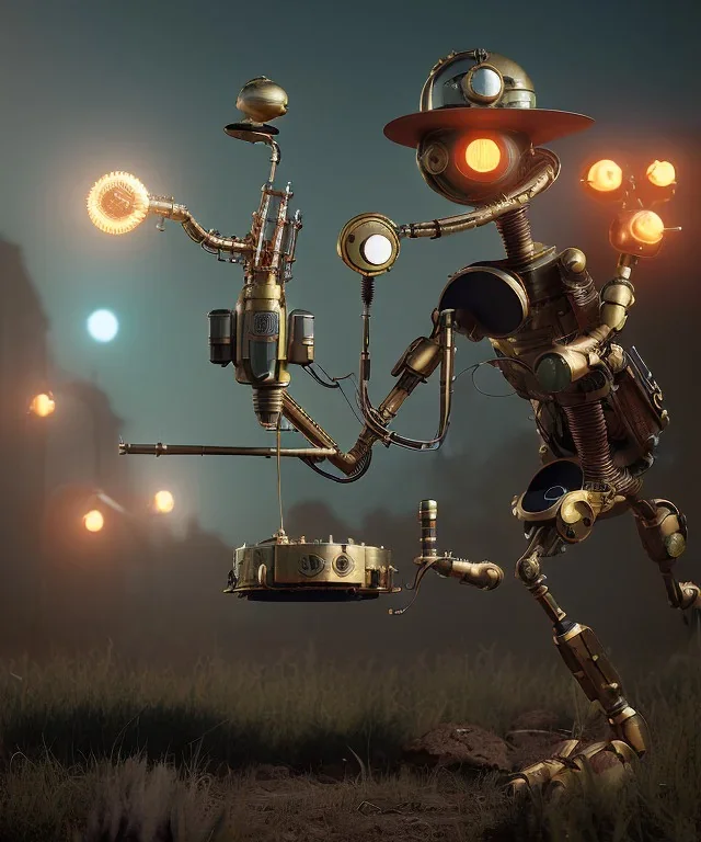 happy mechanoid person playing jazz with a steampunk theme, realistic