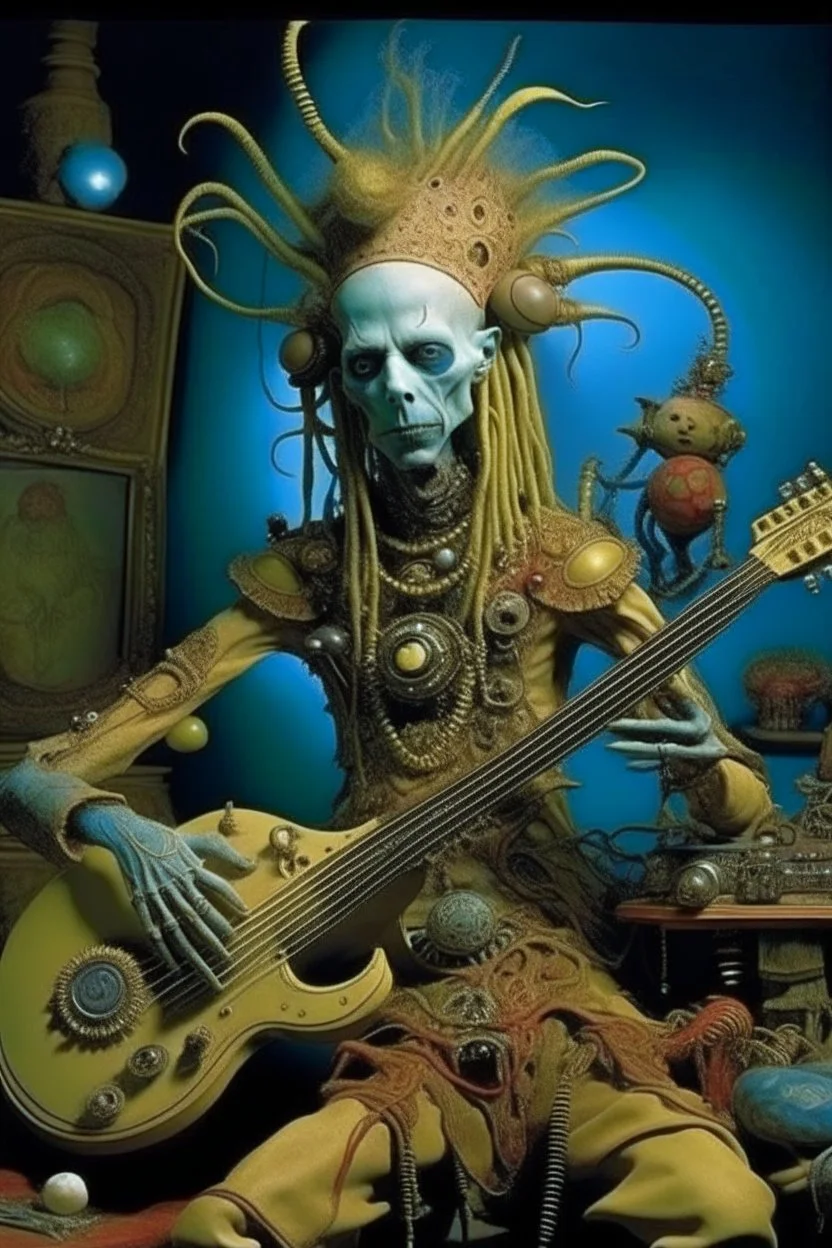 photo by tim walker : loan-blend human-alien biomorphic-animals squid indefinite head extreme wide shot head to toe portrait of weird krofft pufnstuff puppet voodoo cutie sitar player king human nervous systems, renaissance faire alex grey hyper detailed michael cheval with a playful expression made out of mechanical parts and robot arms; cyborg details, unusual and obscure photograph by františek vobecký of a surreal scene of ghastly men, pop art, clive barker style, 300mm f/.8, raw cinematic p