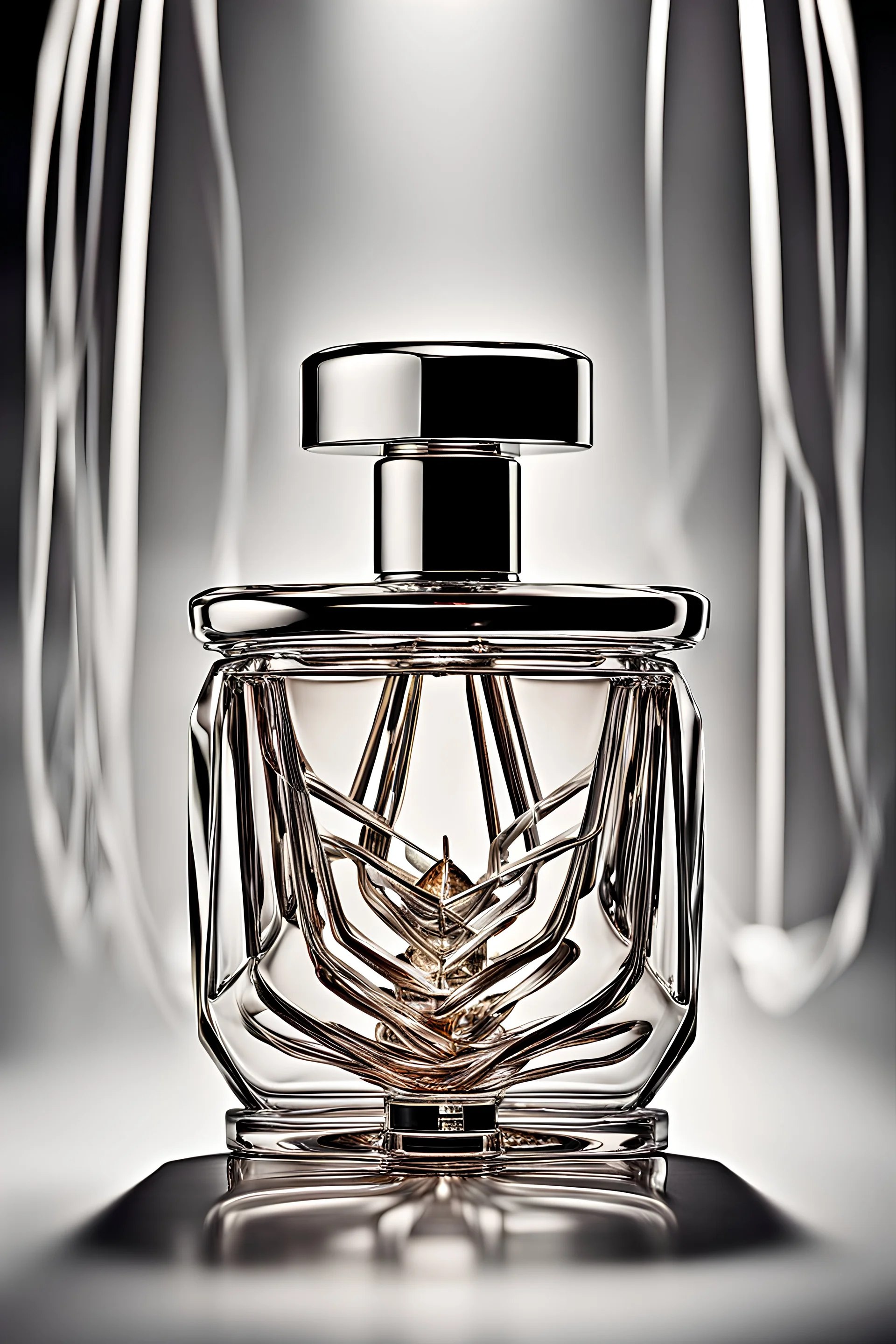 Imagine a perfume bottle that defies conventions and sparks the imagination. Unique and captivating design that it becomes a work of art, seamlessly blending aesthetics with fragrance. An extraordinary perfume bottle, focusing on an out-of-the-box and breathtakingly beautiful design, Shot on a Hasselblad high format camera with a 100mm lens. Unmistakable to a photograph. Cinematic lighting. Very accurate representations and details for the photos 4k, 8k, 16k, full ultra hd, high resolution