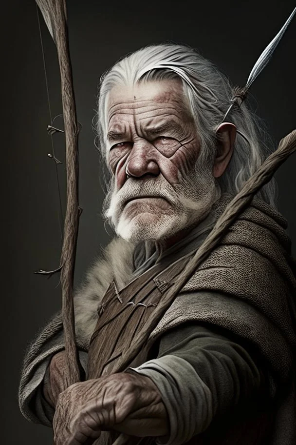 gray hair middle aged medieval man with a longbow