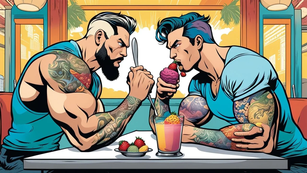 A comic-style illustration featuring two muscular, tattooed men sitting across from each other at a table. Their intense gazes are focused on a comic-style illustration massive ice cream glass filled with a colorful medley of fruit-flavored scoops. Holding spoons in their hands, both men exude anger and tension, vying for the opportunity to dig in. The background is a blurred cafe scene, with bright lights and a sense of cinematic drama. This humorous and high-detailed captures