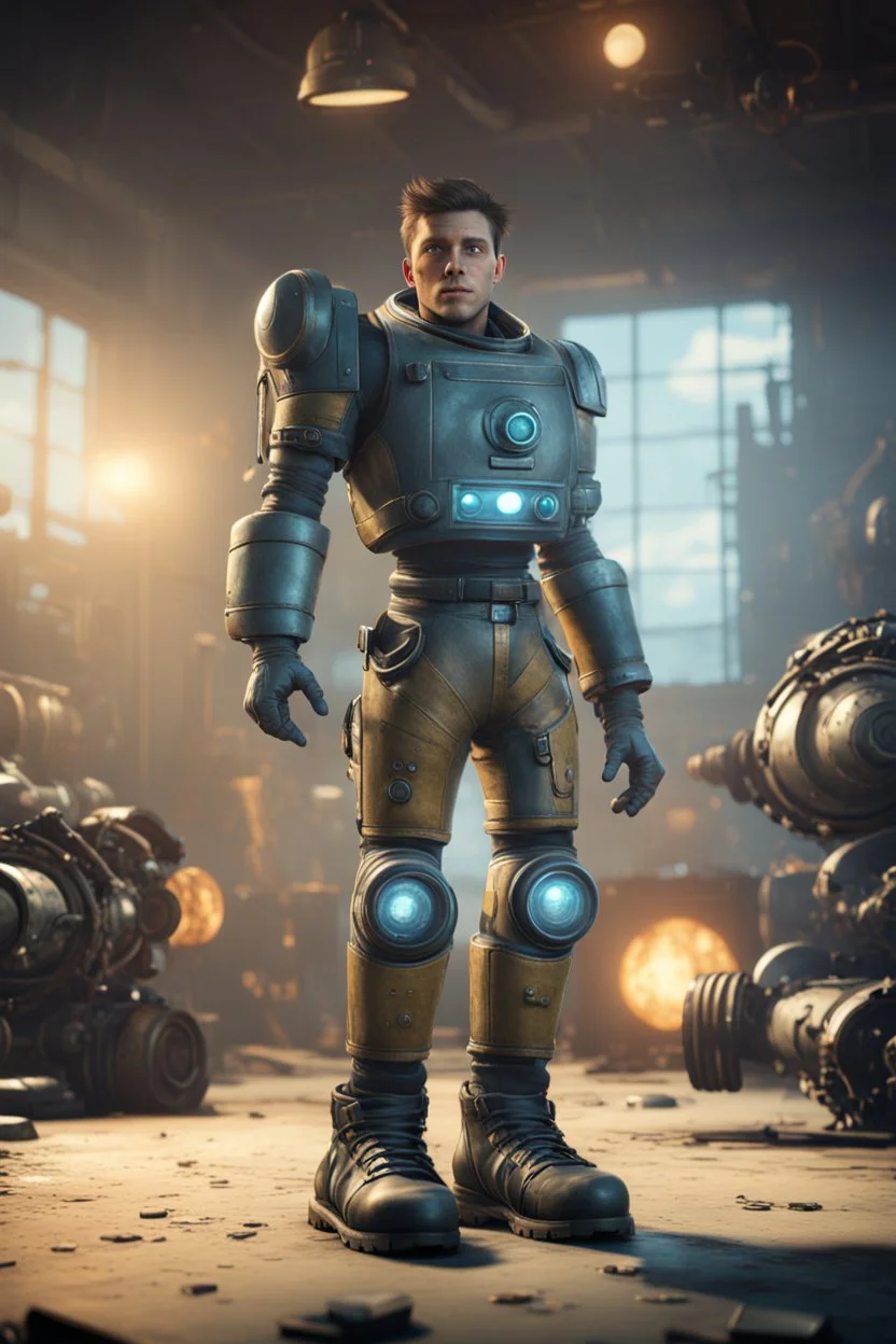 Nico Belic with rocket boots in fallout 4 setting, bokeh, downlight, prize winning, depth of field, trading robot monster in background, stereoscopic cartoon