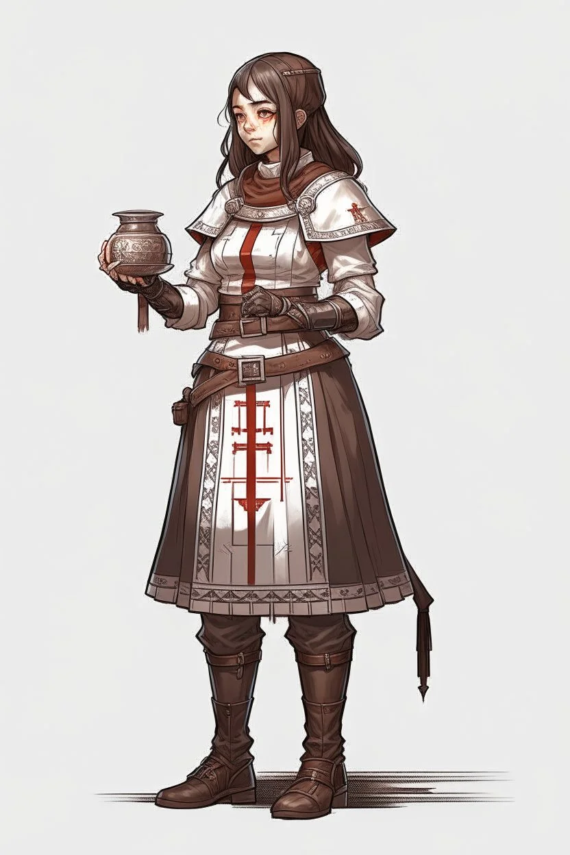 full length, 22-year old female cleric, red bracelet, scale mail