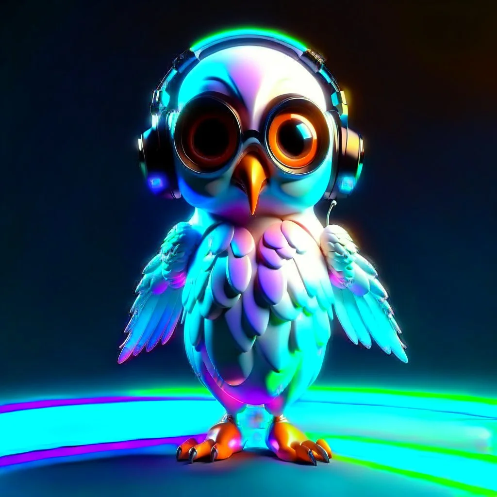 Illustrative sketch of a 3D Pixar image of a humanoid owl in music with headphones, ultra quality, 8k