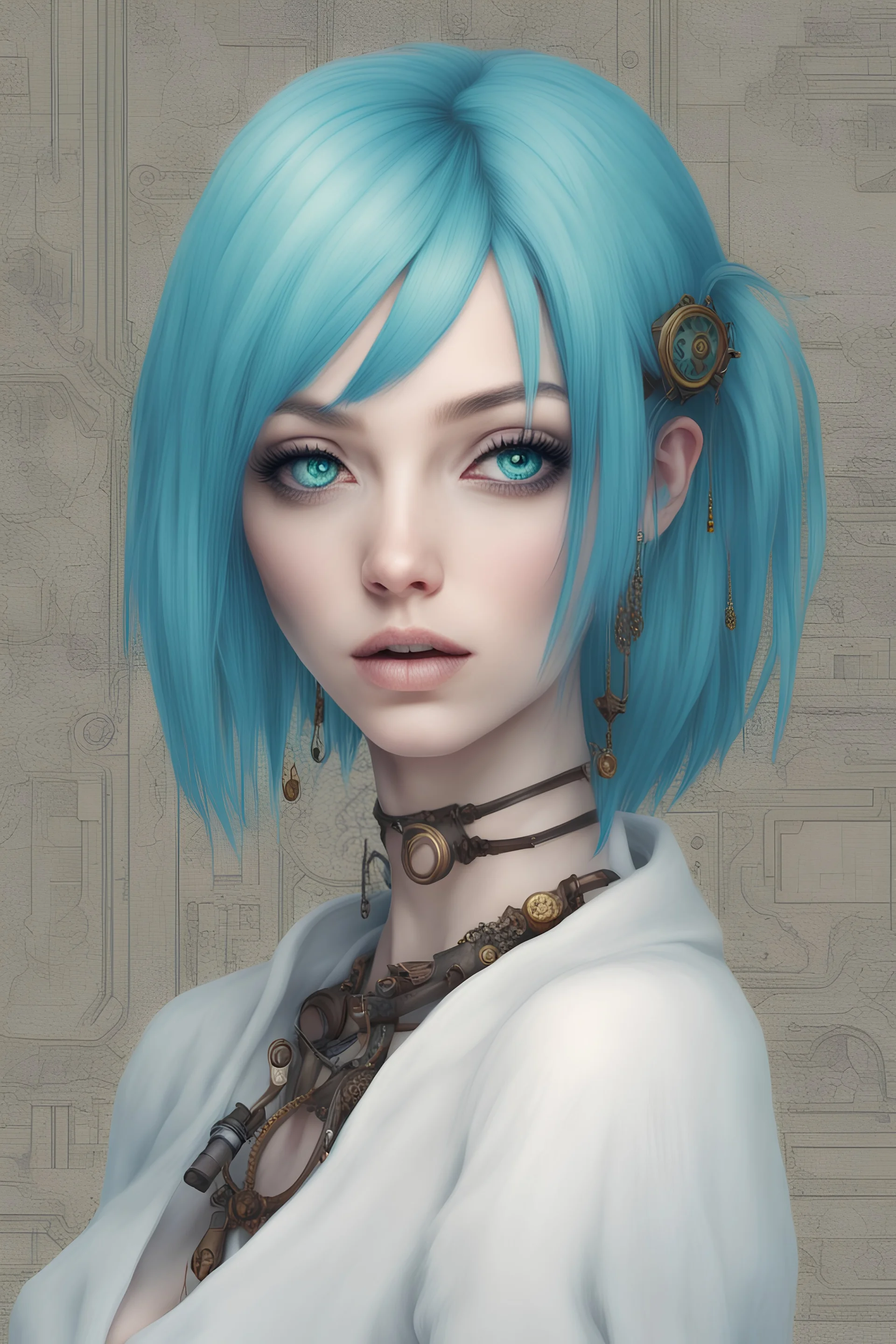 girl with bob, blue and cyan hairs, white sweather, steampunk