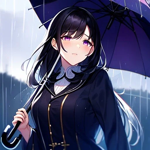 8k, Girl, high quality, detailed, black hair, purple eyes, beautiful lighting, sad, raining, umbrella,