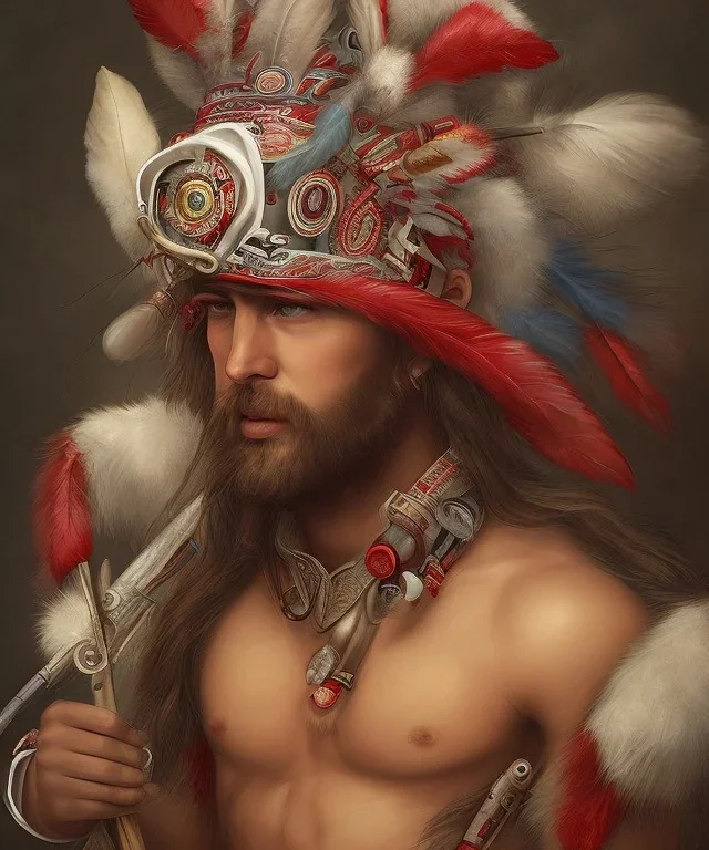 Guaicaipuro, Venezuelan native, Muscular, three red feathers headband, holding spear