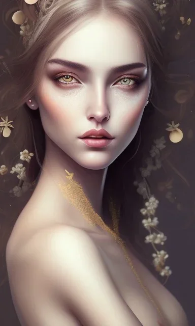 Portrait of beautiful women, correct facial symmetry, golden crown, dark brown hair, dark background, white flowers, loish style, painting, 8k, colorful, brush strokes,