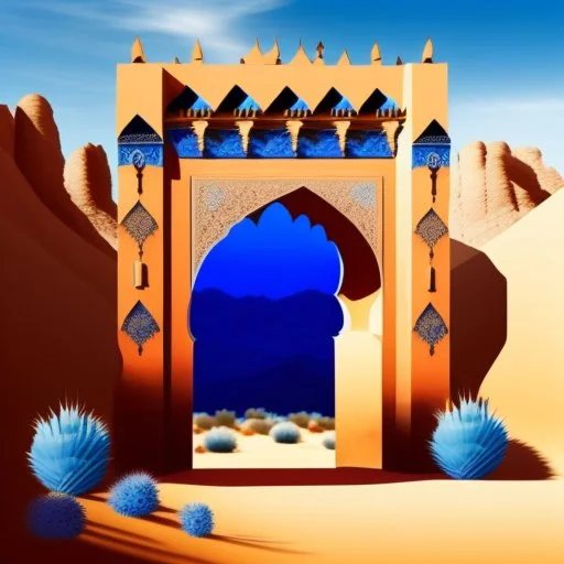 A gothic_arab gate in a blue wall with a view of a desert landscape