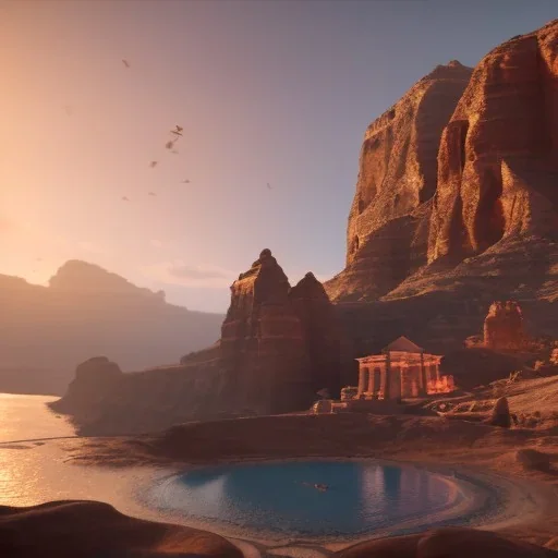 Petra, Ürdün, sunset, fantasy art, flying birds, springs, landscape, beautiful, realistic, hyper detailed, unreal engine 5, octane render