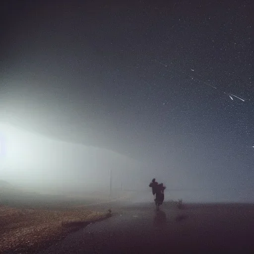 Heavy rain. Epic Lighting in the night sky. Knight with magic scroll in hand. Falling meteorite from the sky. Meteorite burning in the distance. Dark black mud.