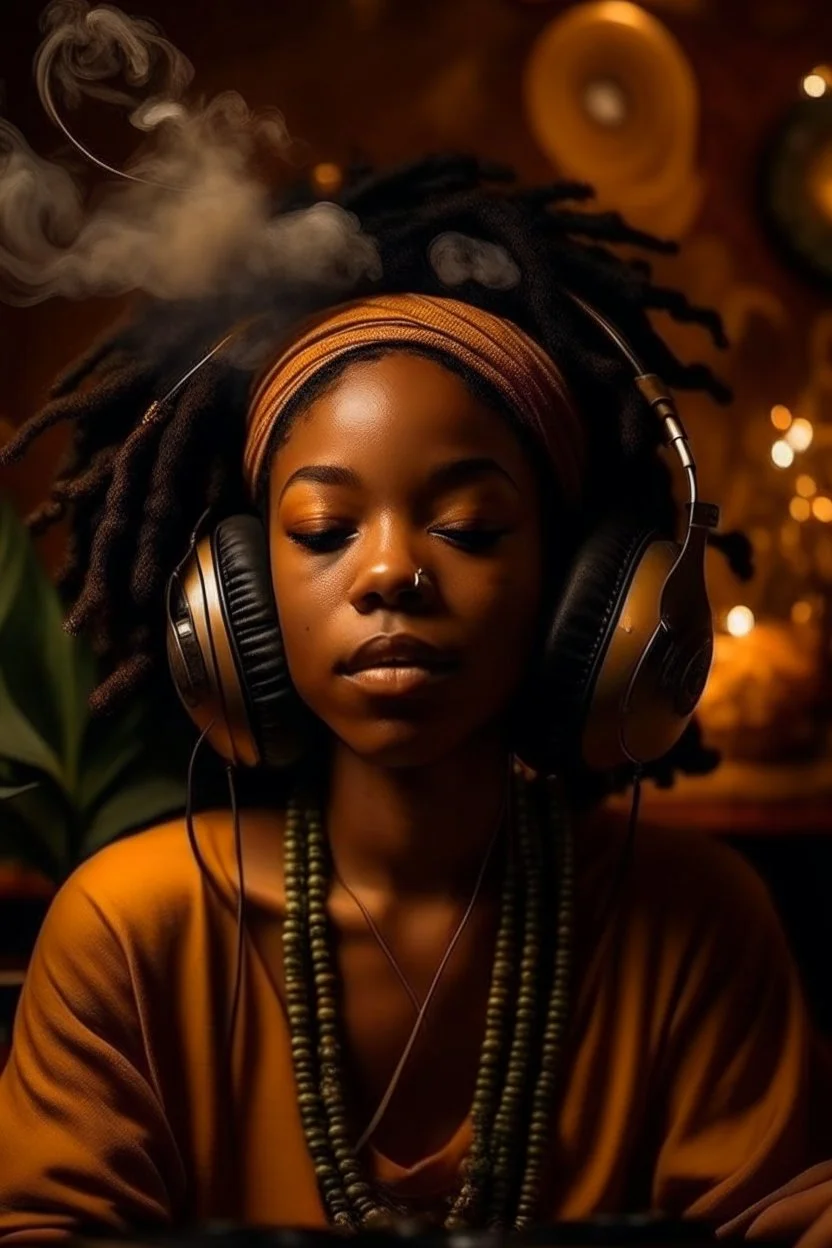 earthy black young woman listening to music with headphones, soul, peace, majestic, earthy colours, at peace, happy, incense, jewels, bands, natural