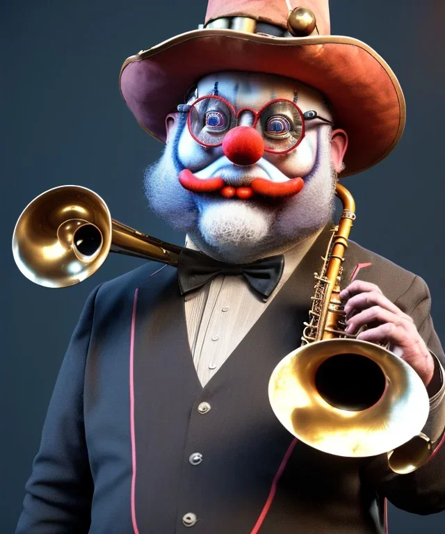 mechanoid old friendly fat clown with trimmed beard playing jazz with a steampunk theme, trumpet, realistic