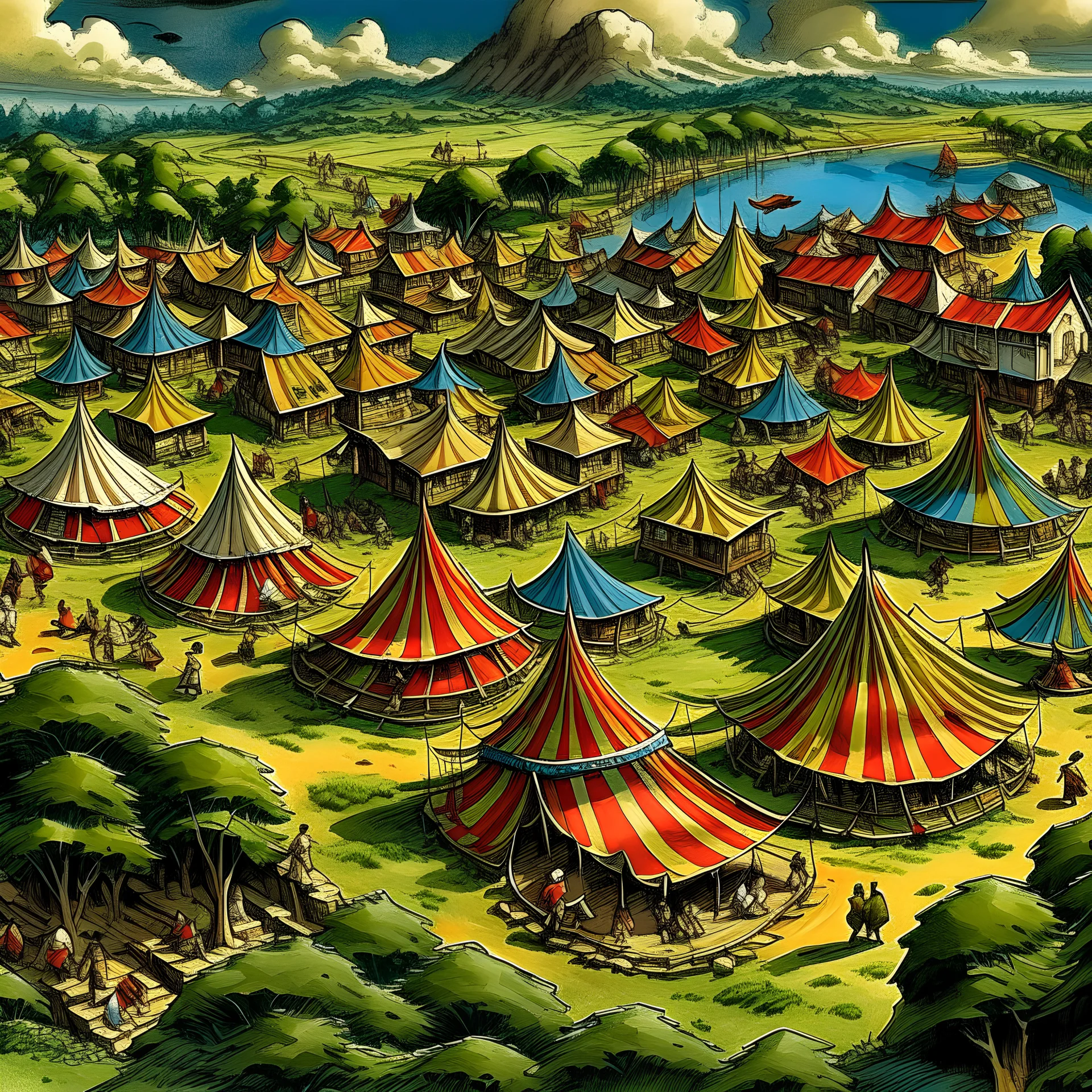 from the sky we see a small town with many houses and one circus tent on the ourskirts of the town. bernie wrightson style.