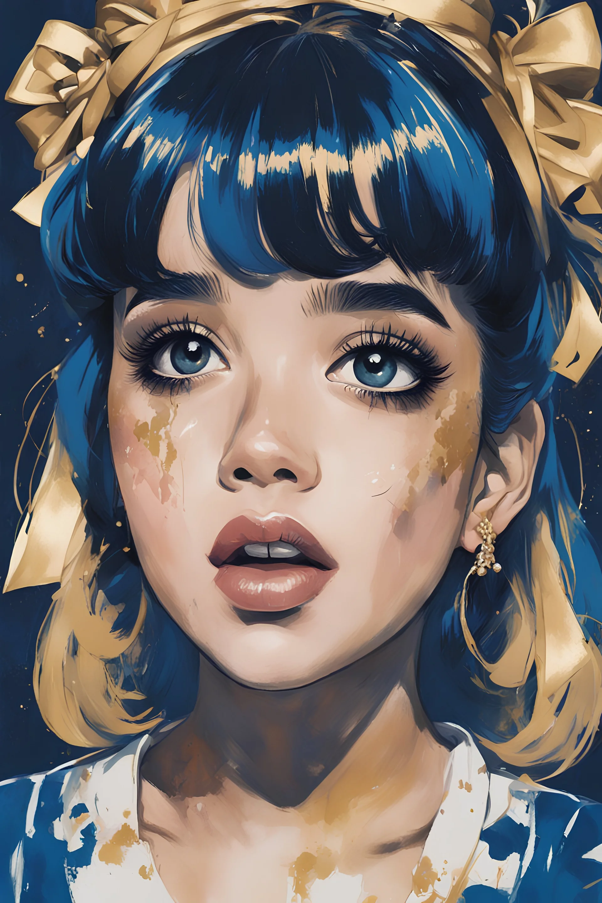 Poster in two gradually, Singer Melanie Martinez face, painting by Yoji Shinkawa, darkblue and gold tones,