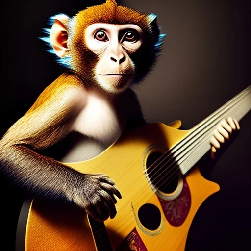 Audobon painting of a monkey playing a guitar, 6 strings, fingers