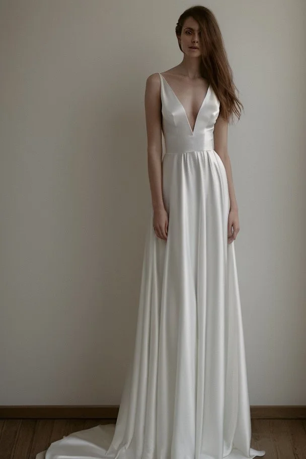 White wedding dress in silk and lace exposed from the shoulders and waist Photorealistic