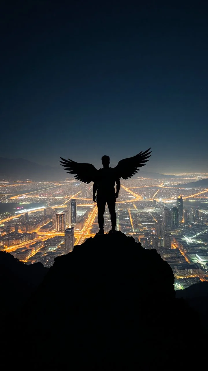 A man with wings standing on the top of a mountain looking at the city at night , dark