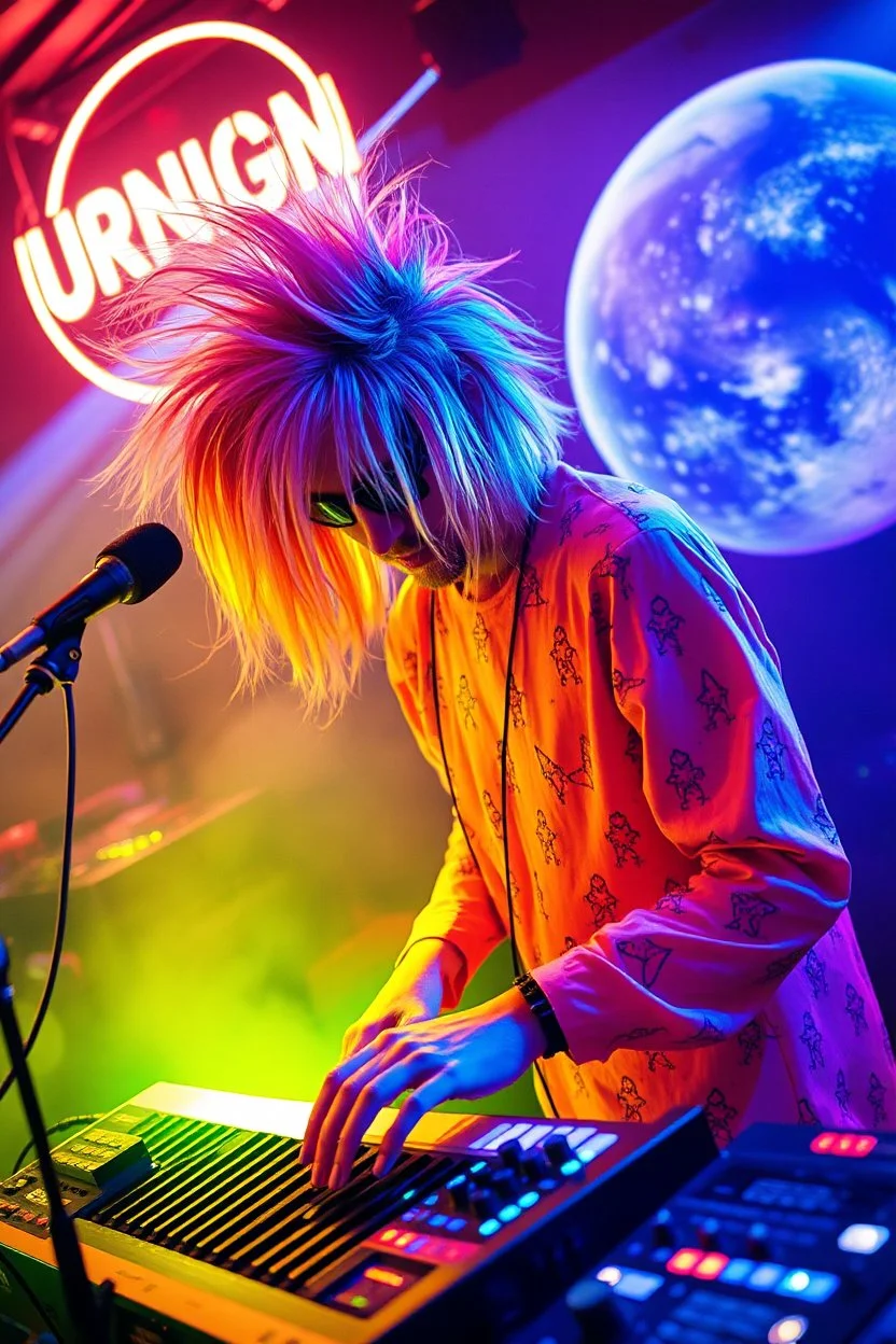 French cool synth player with crazy techno acid hair, he is called "Jean-Maurice Brûlée" performing at dance club, his name is "Jean-Maurice Brûlée" , white and orange Neon lights and oraNGE smog, and "URINIUM" big sign on the wall, he is playing on synthesizers on stage with lot of laser beams and wearing black sunglasses, an earth is projected in background