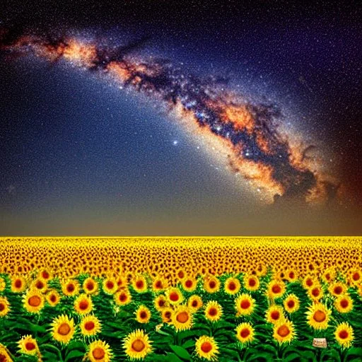 above a field of sunflowers the Milky Way curves in a summer sky digital art