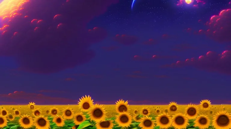 purple sky full of stars, sunflower field, anime, high res, makoto shinkai