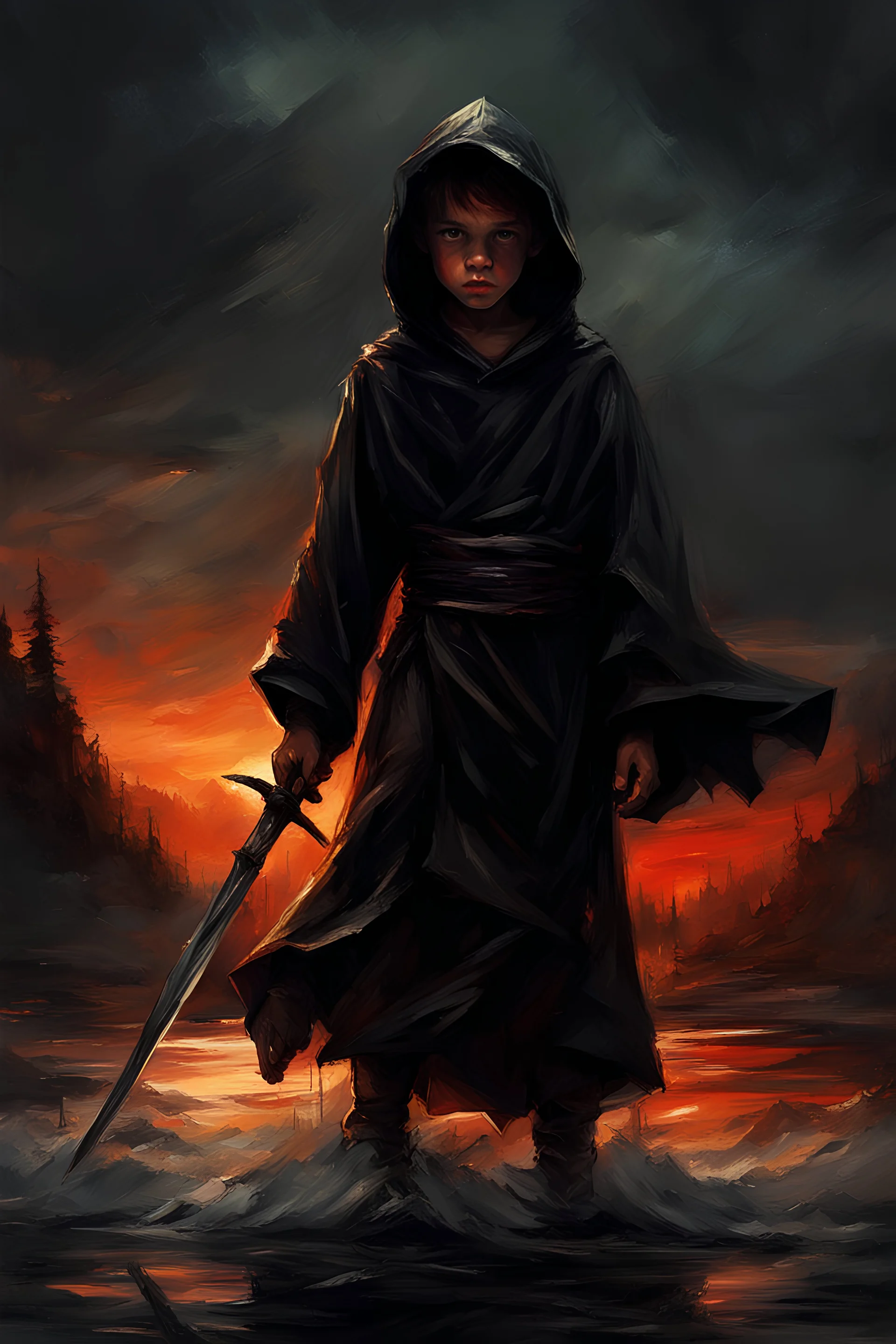 A formidable warrior-a 10-year-old boy in a black robe with a hood, on the background Amazing gloomy landscape, flooded with sunset, mountains, trees, fabulous scary hero, , juicy emotions, painting, dark fantasy, bad weather, gloomy day, dark world, by Raymond Swanland & Alyssa Monks & Anna Razumovskaya