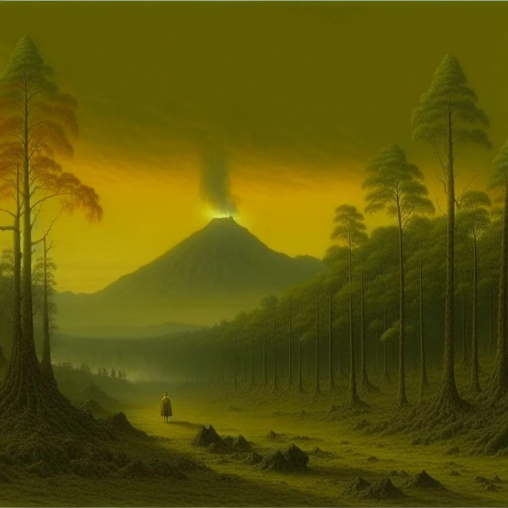 A forest near a volcano painted by John Atkinson Grimshaw