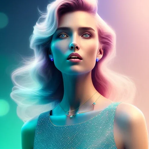 A portrait very beautiful woman ,smiling, longs hairs light blue ,elegant, atmospheric, realistic, cinematic lighting, blue pink rose light, 8k, galactic atmosphere, bright jewels golg