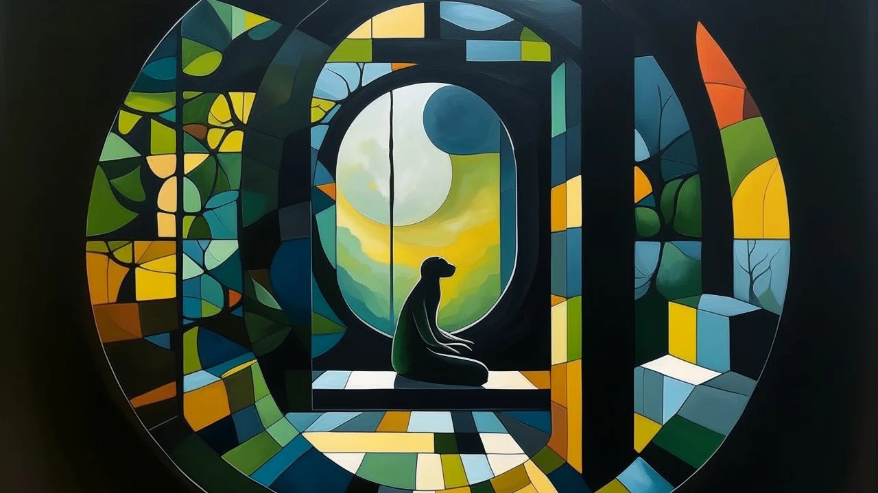 Una pintura minimalista que juega con formas, perspectivas y la fusión de espacios interiores y exteriores de una manera casi surrealista. La pintura representa una figura sin cabeza. Hay una abertura o ventana redonda y oscura que muestra una escena nocturna con árboles y un perro encaramado en una estructura. El cuerpo de la figura está representado en estilo cubista con diversos planos y facetas que crean una sensación de dimensionalidad y abstracción.