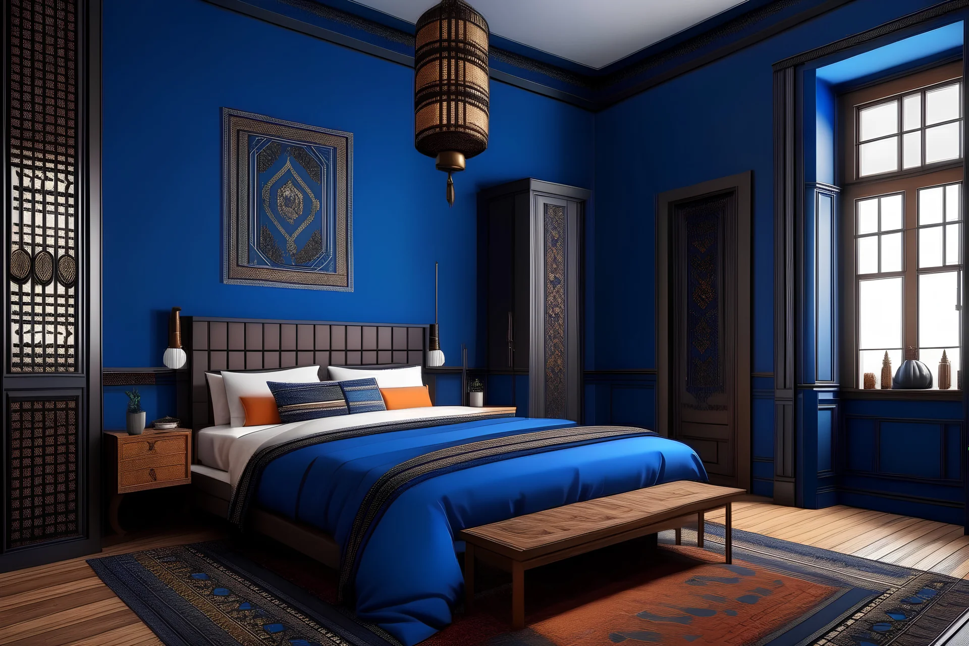 townhouse Morocco style bedroom in dark blue color