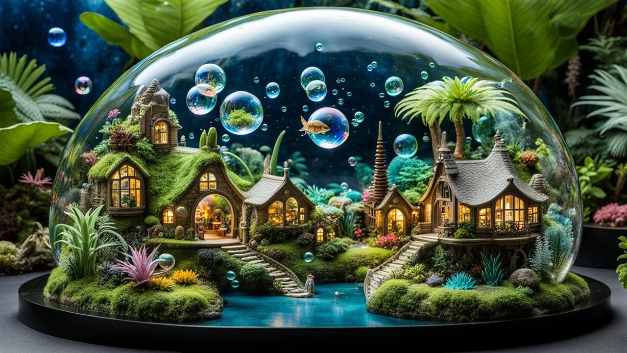 photo from of miniature creatures living in individual floating transparent bubbles. The gallery of bubbles features fantastical landscapes, each one unique and intriguing. In one bubble, a village of extraterrestrial beings thrives, while another features a mystical garden filled with fairies. Another bubble live elves, in another bubble a tropical paradise with dinosaurs. There are bubbles with alien planets, whimsical fairy-tale landscapes, icy land and futuristic city.