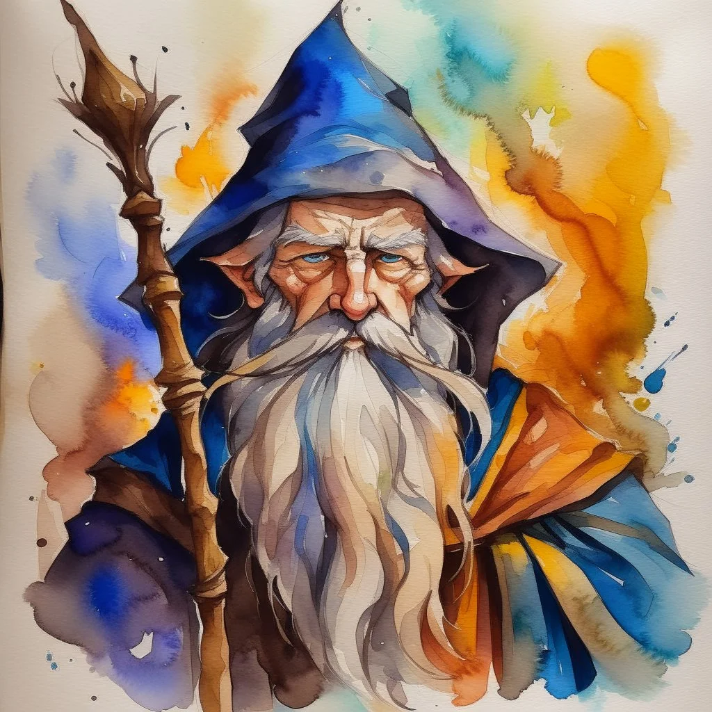 dnd, fantasy, watercolour, large strokes, wizard, gigachad face