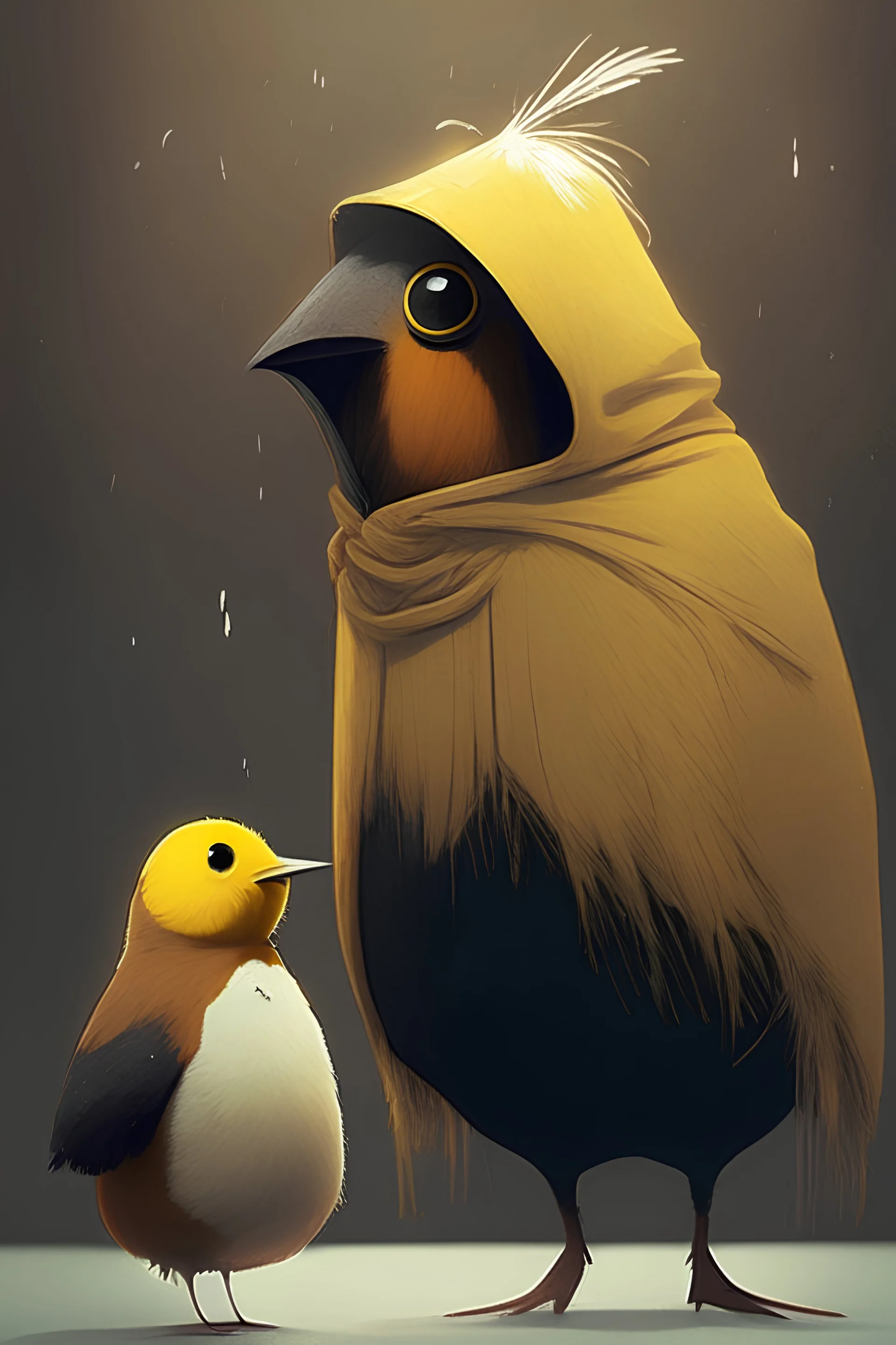 Two animals, one is a guinea pig the other one a European robin bird, in the art style of little nightmares